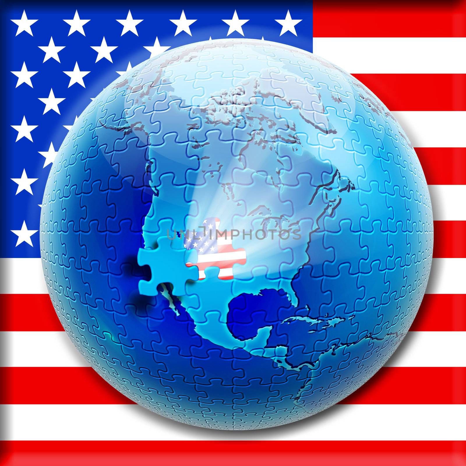Puzzle on globe view to North America and with flag USA inside