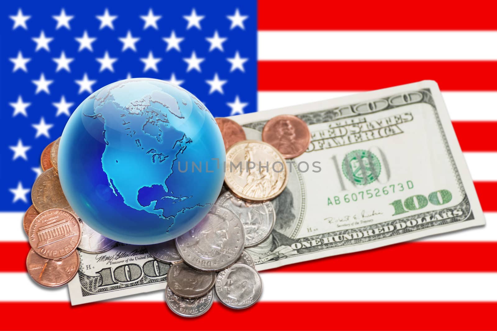 world currency - globe with money over USA banner by akuli