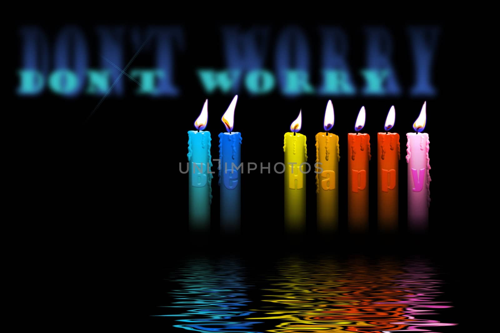 colored candles with dont worry be happy letters inside flooding in water