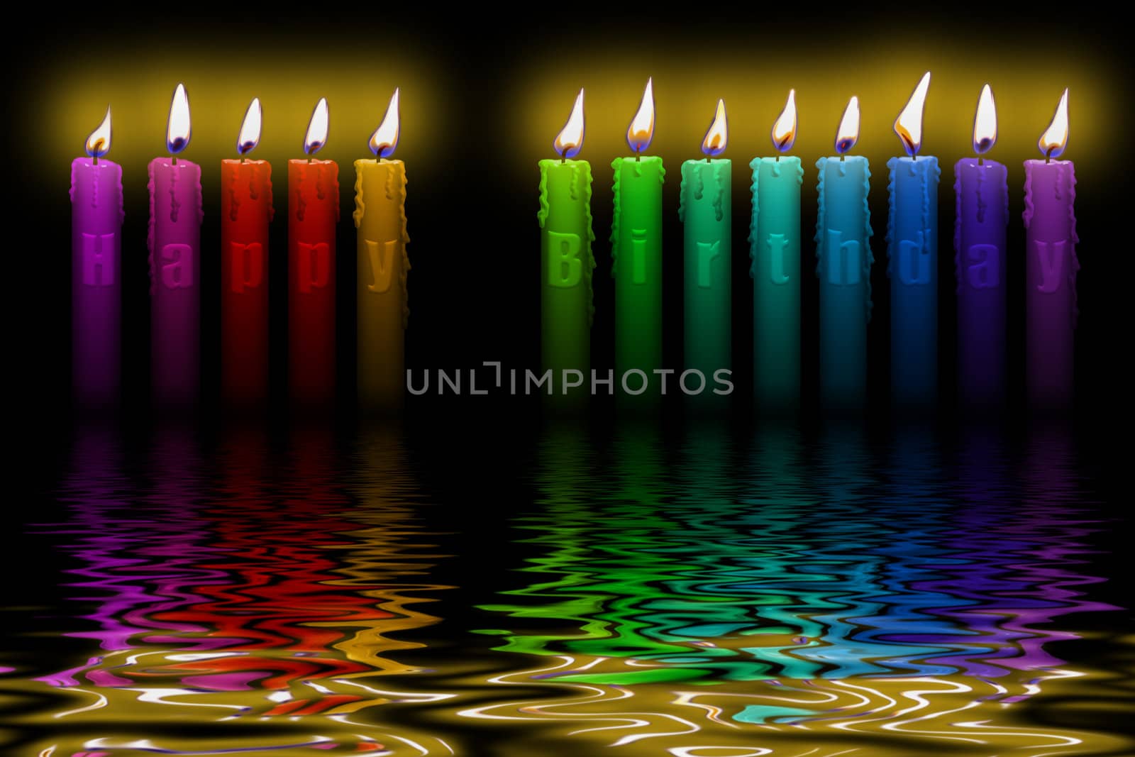 candles with happy birthday letters inside isolated flooding in water