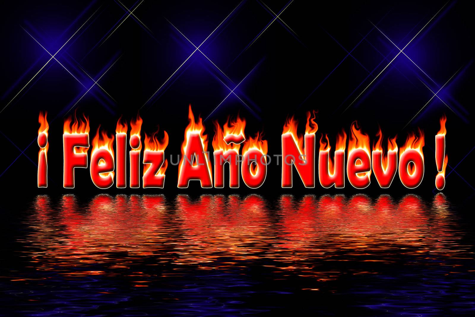 happy new year spanish letters in fire flooding water on black background