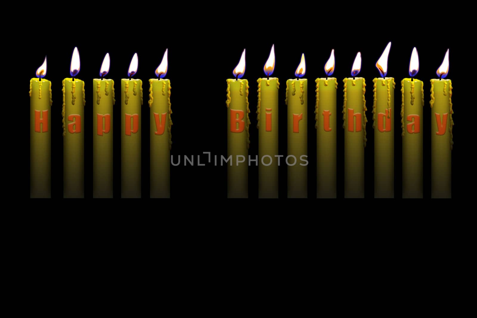 candles with happy birthday letters inside isolated on black background