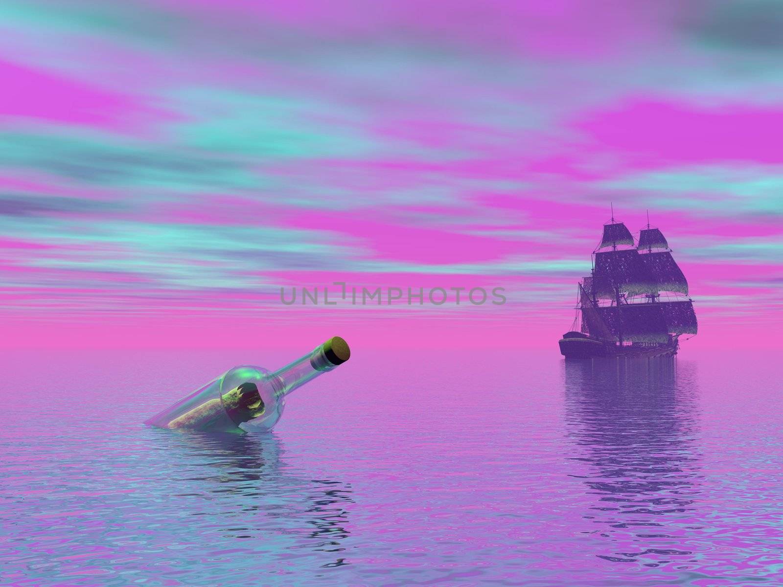 Message in a bottle and blurry old boat leaving in colorful cloudy background sky