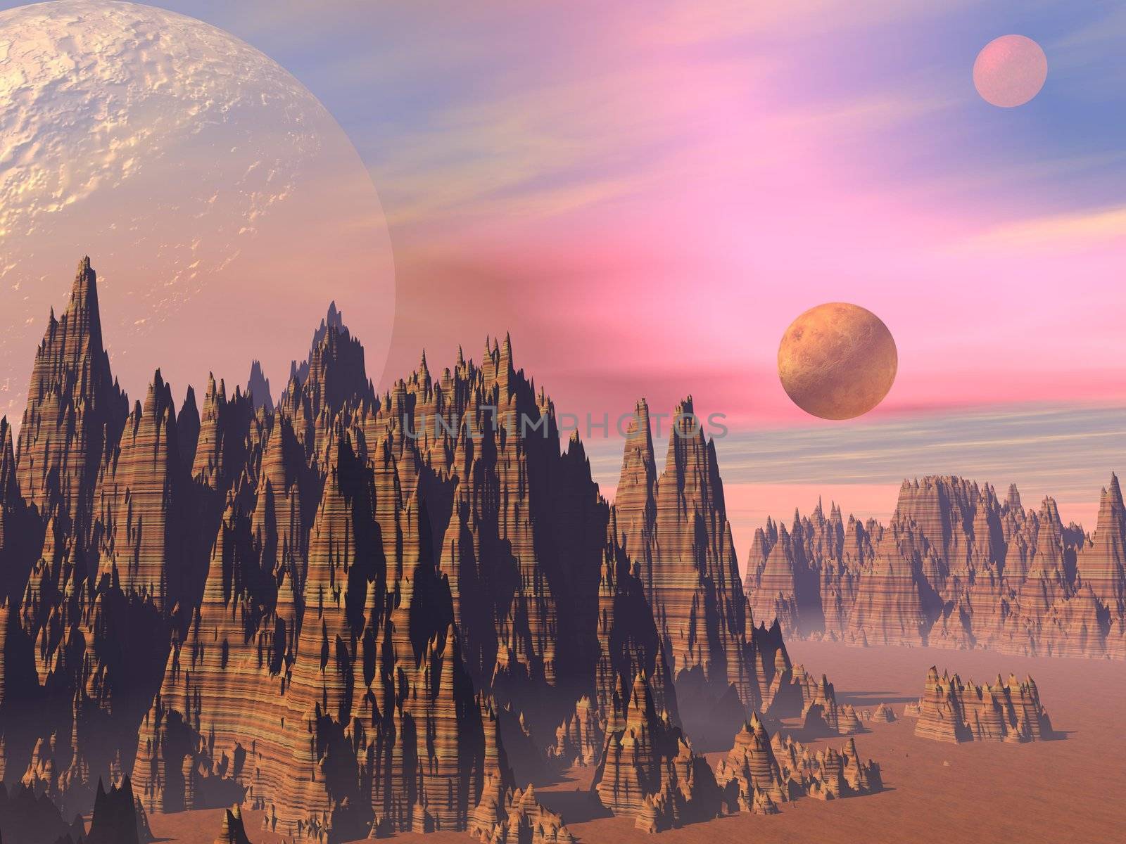 Landscape with high sharp rocky mountains and planets