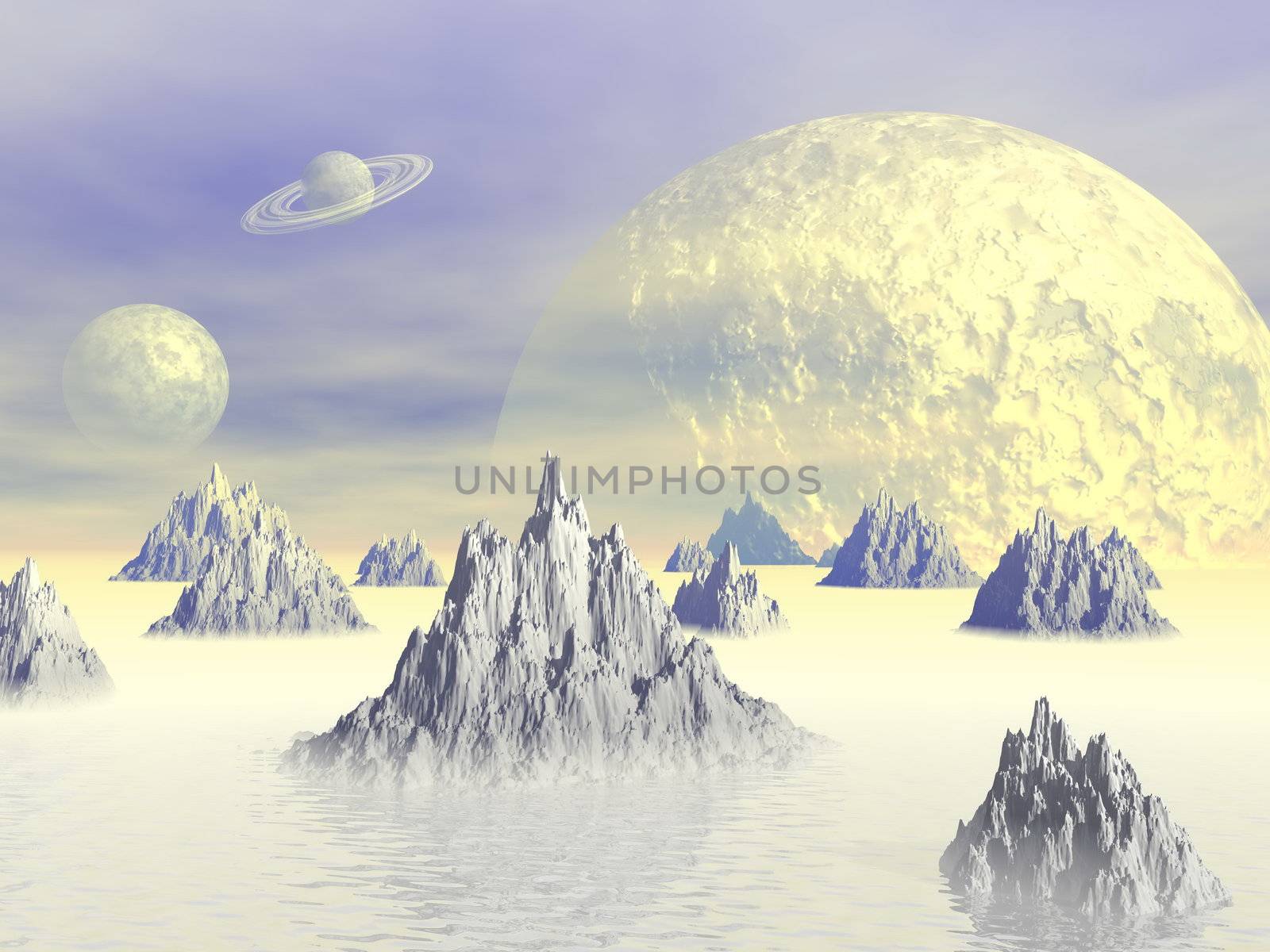 White landscape with rocky mountains, fog and planets