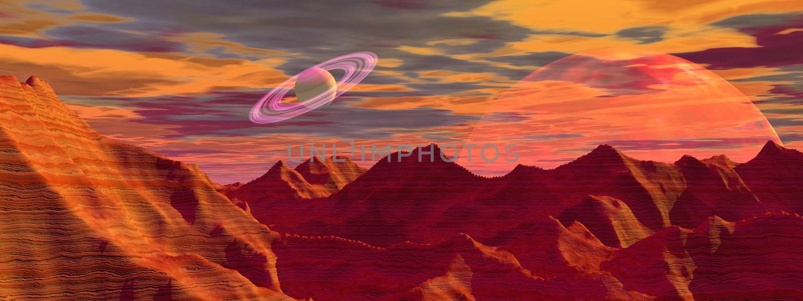 Red landscape with rock mountains and planets by cloudy sunset