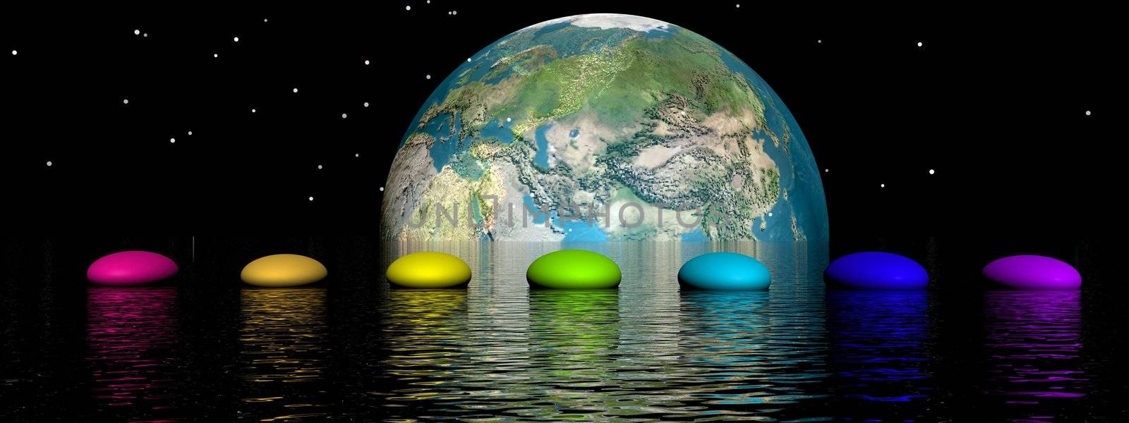 Line of seven pebbles with chakras colors upon the ocean by starry night, in front of earth shadow, horizon in the background