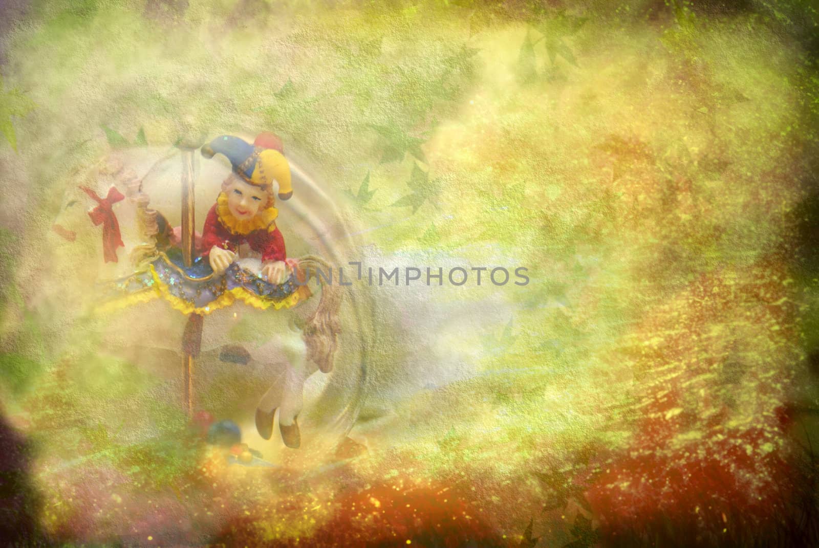 old toy background, harlequin and horse, with copy space