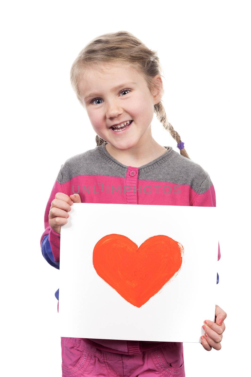 Drawn heart in girl hands on white background