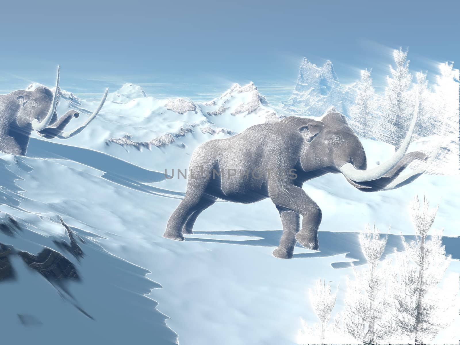 Two big mammoths walking slowly in the snowy mountain against the wind