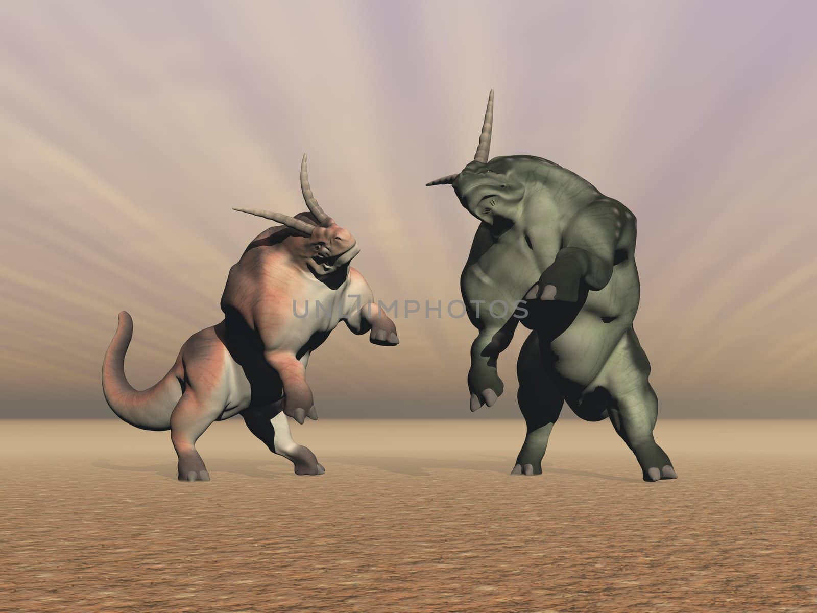 Two herdbeasts fighting in brown background