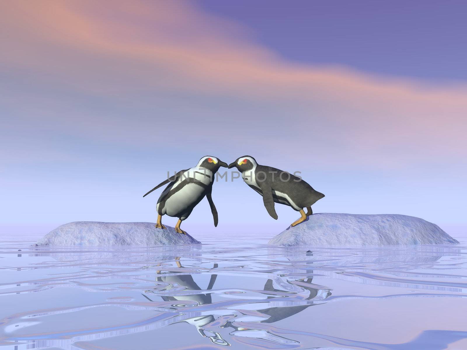 Two penguins standing on separate iceberg and trying to kiss each other upon the water