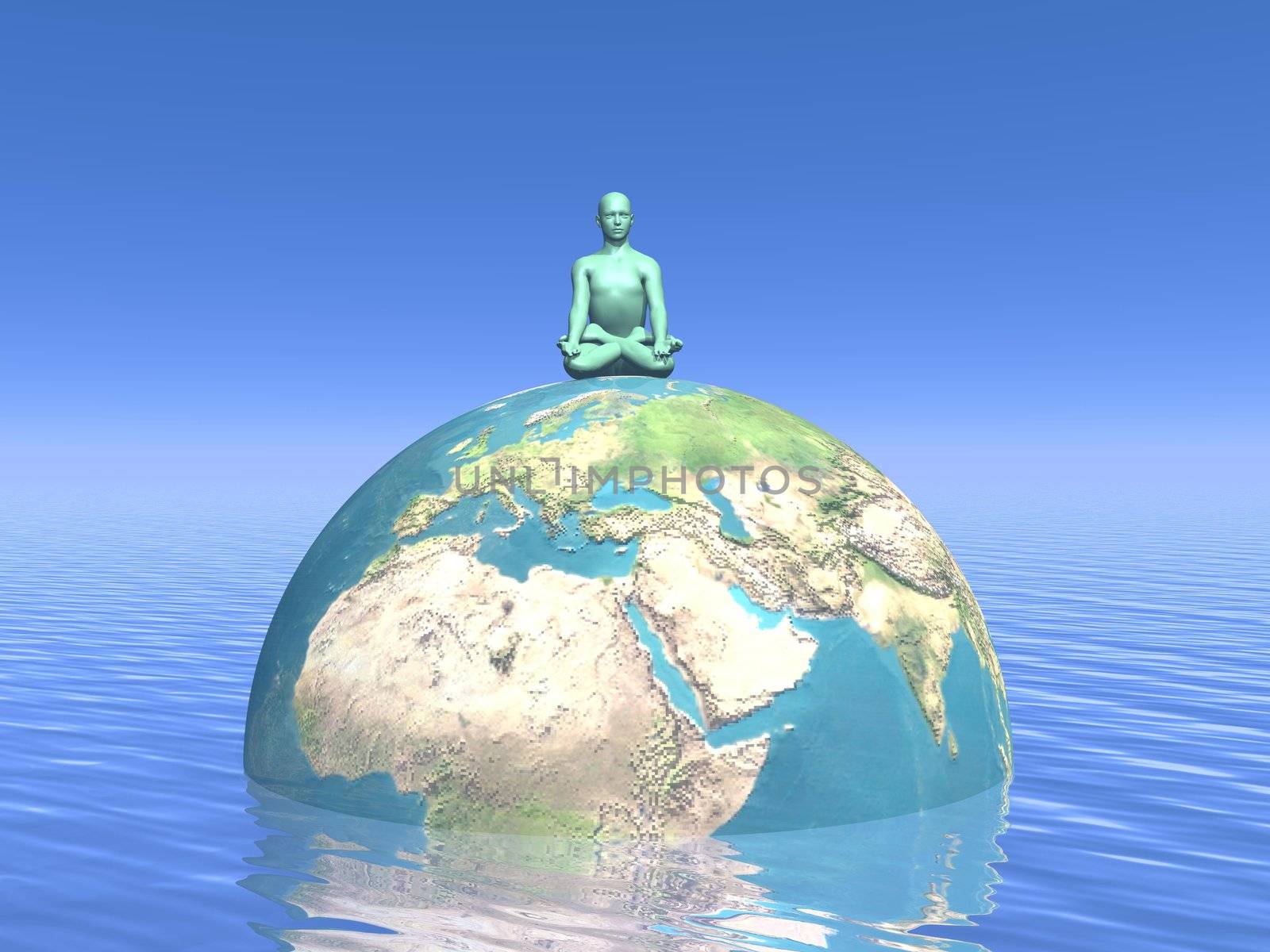 One human peacefully sitting in lotus position upon the earth in water and meditating for it