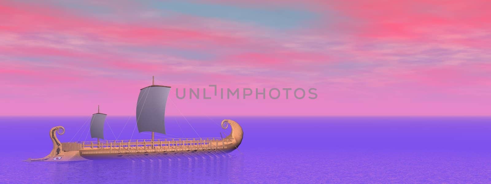 Old greek trireme boat on the ocean by violet and pink sunset sky