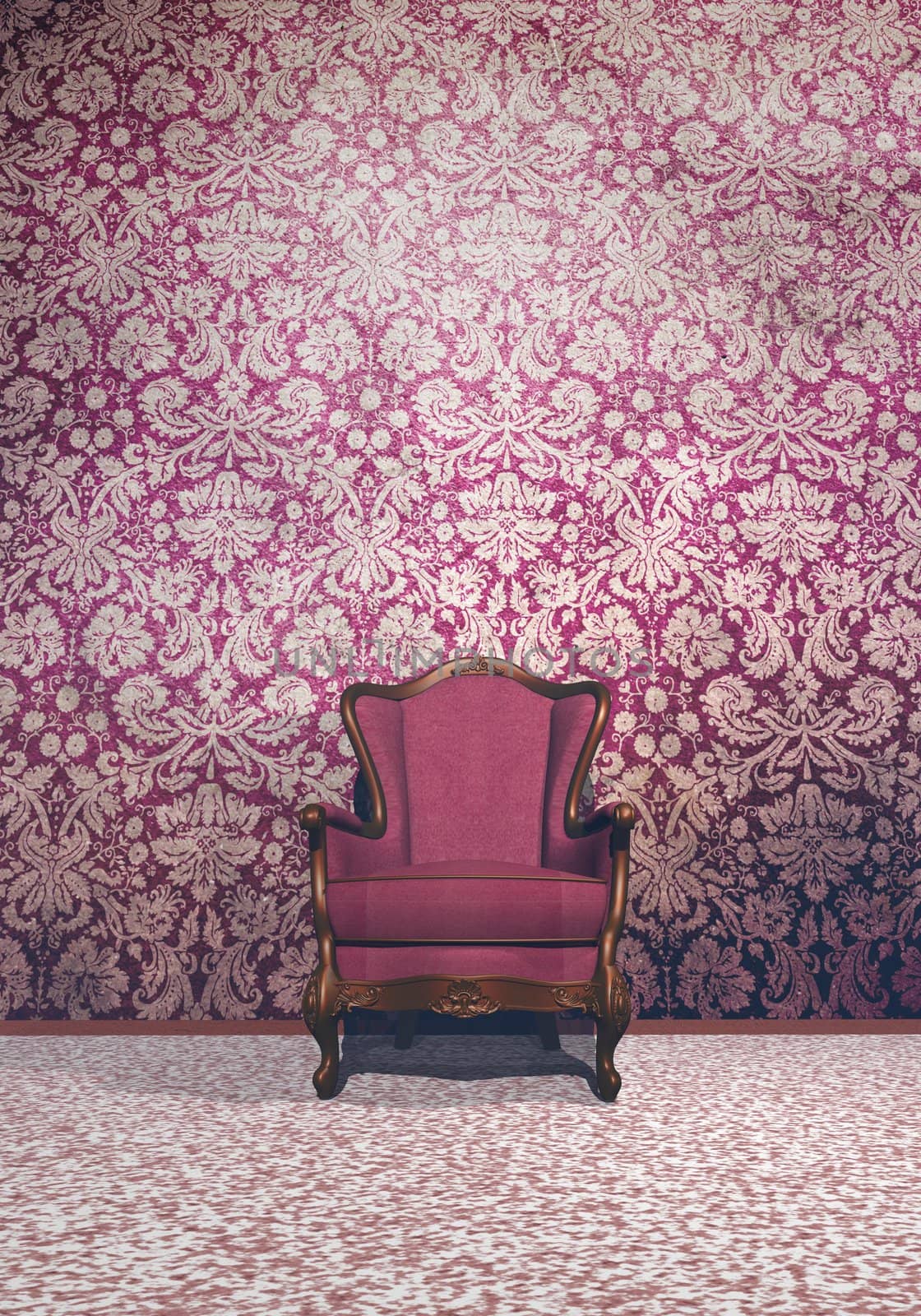 Vintage armchair in retro room with very old wallpaper