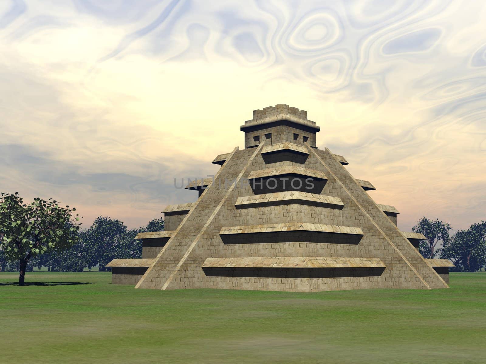 Maya pyramid on green grass and surrounded with trees by sunset light