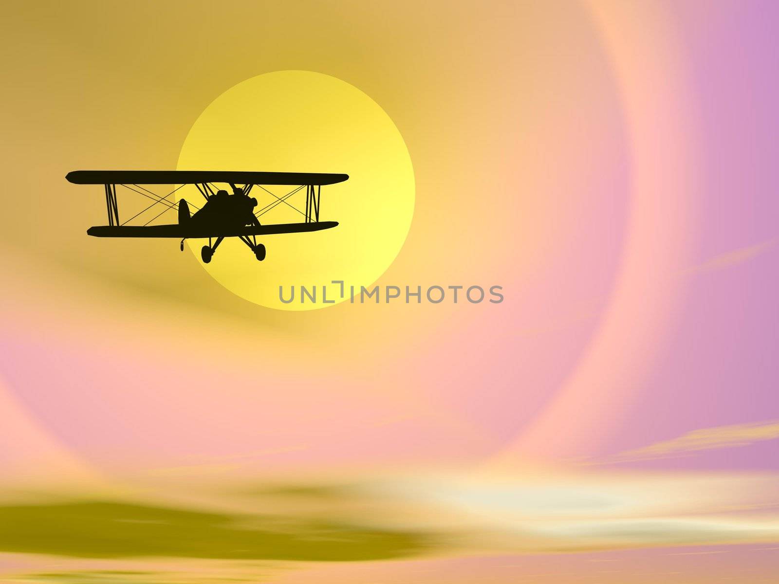 Biplan behind the sun - 3D render by Elenaphotos21