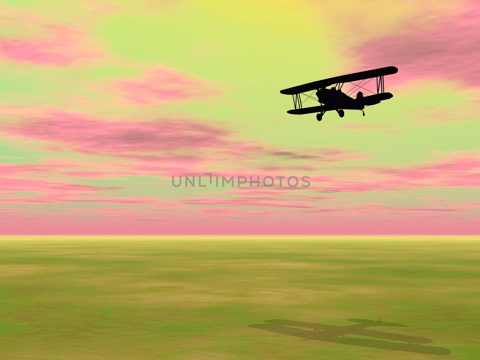 Shadow of a small biplan flying in colorful sky upon grassland