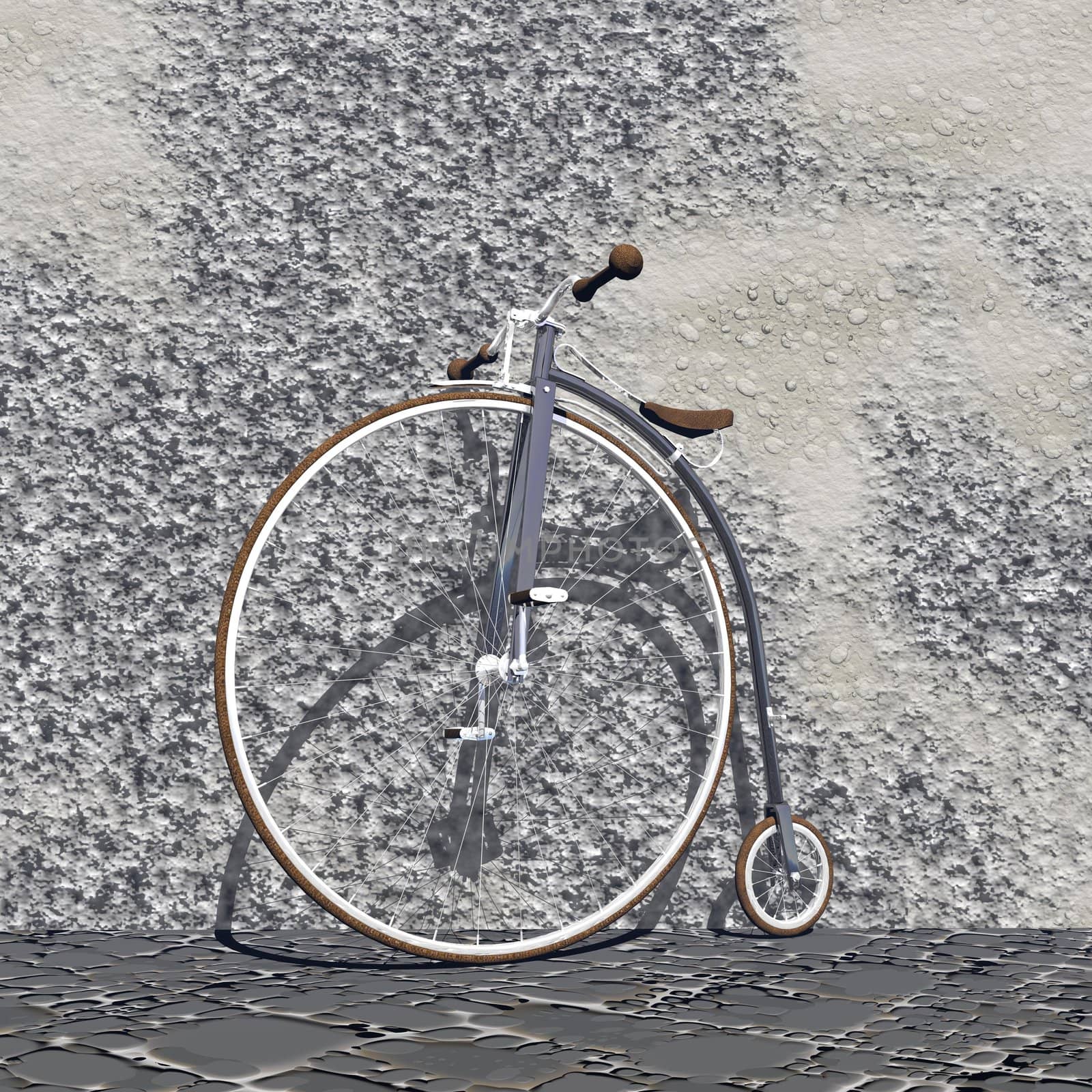 Beautiful old grey bicycle with big front wheel and small back one against a wall in the street