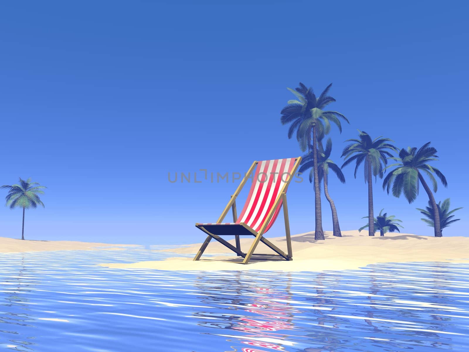 Chair on the sand next to the ocean and palm trees in the back on a paradise siland of sand