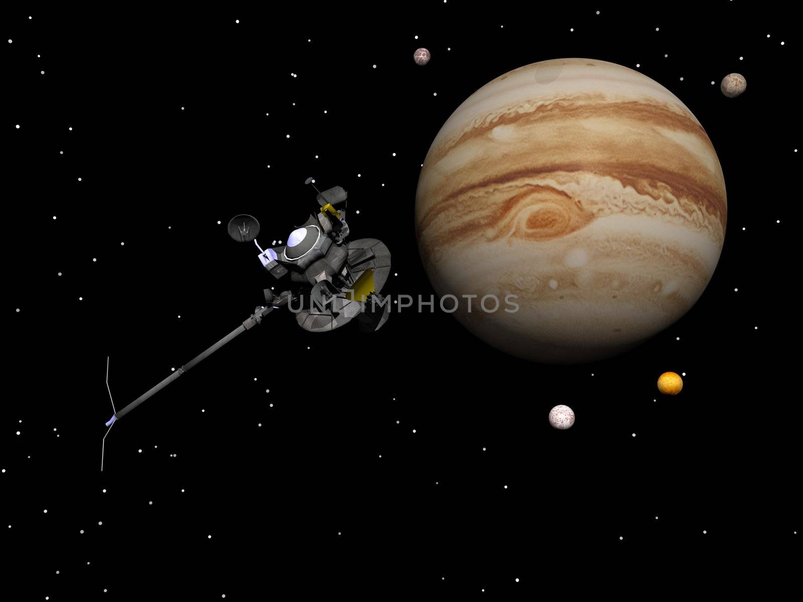 Voyager spacecraft near Jupiter and four of its famous satellites - Io, Europa, Ganymede and Callisto - by night - Elements of this image furnished by NASA