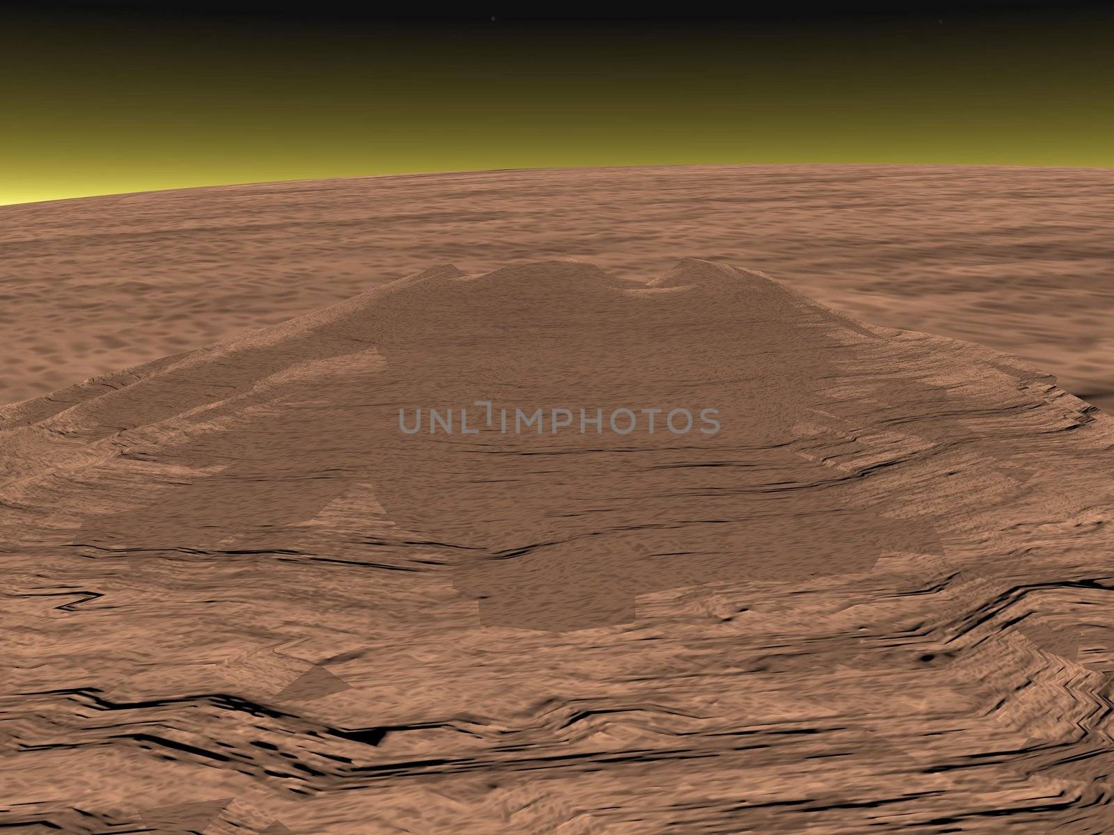 A representation of very high and big volcano Olympus Mons on Mars planet