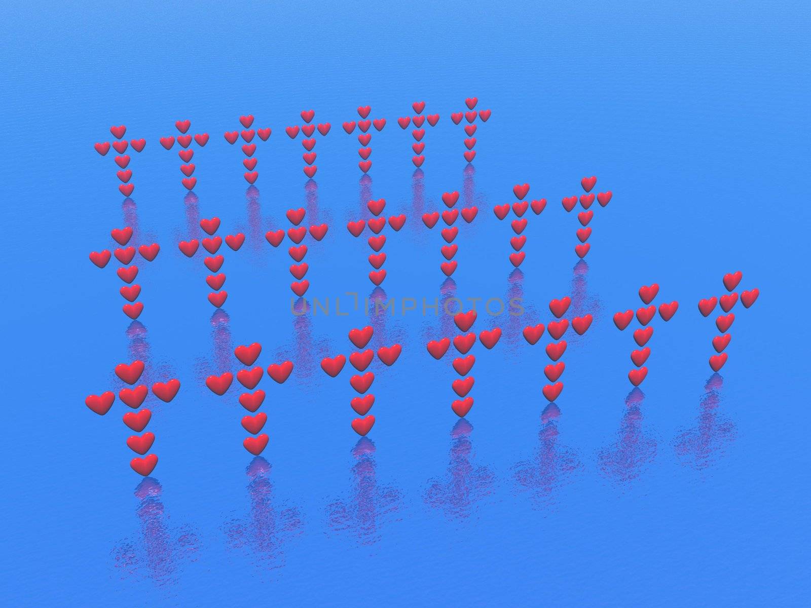 Many crosses made of hearts standing as in a cemetery but upon blue ocean