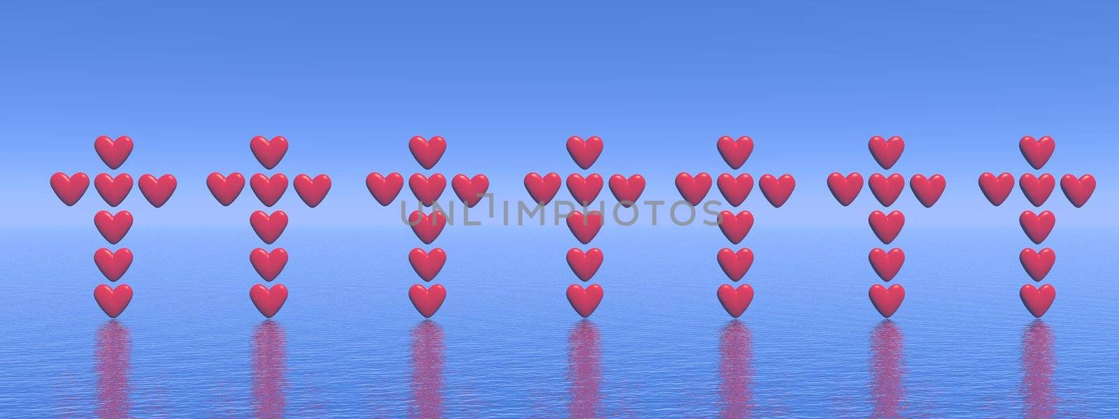 Many crosses made of heart in a row upon ocean in blue background