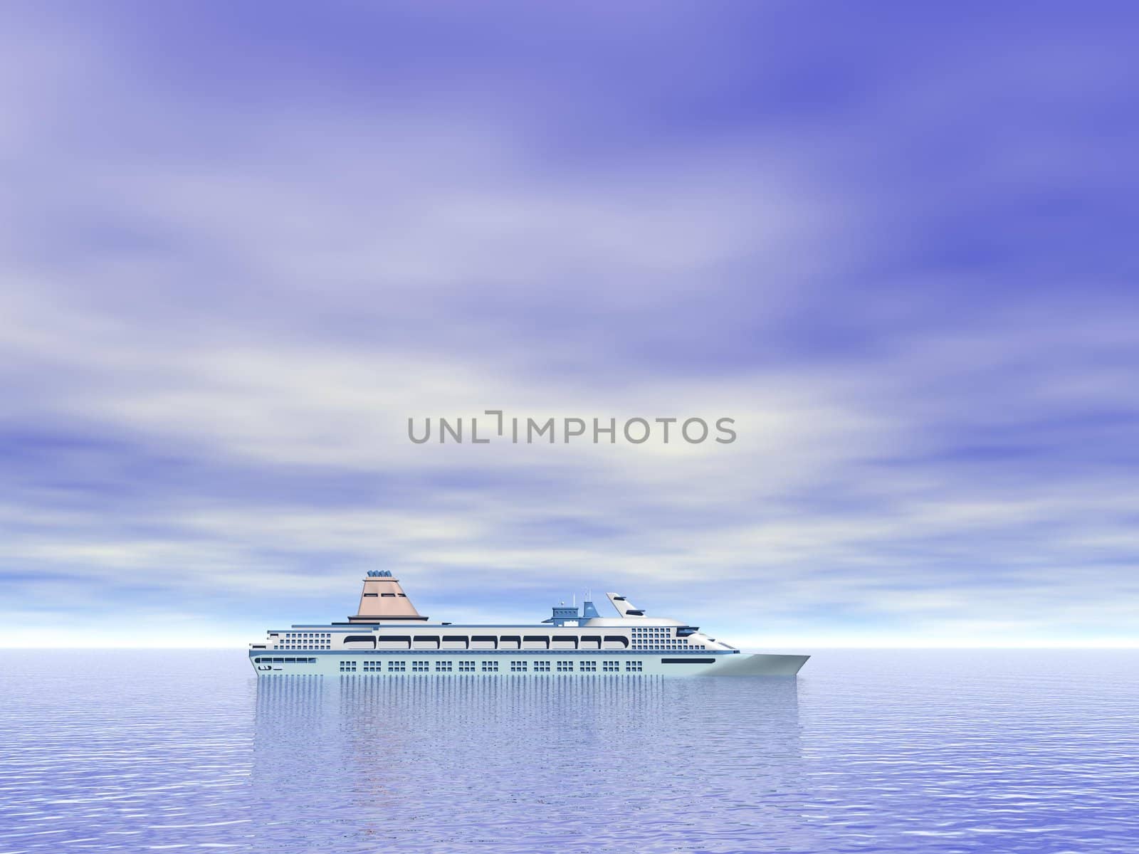 Cruise ship alone floating on the ocean by cloudy day