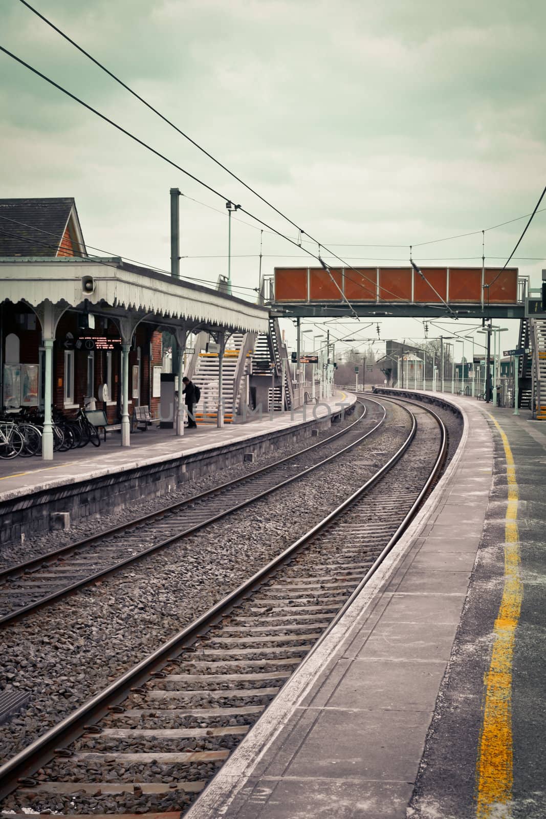 Railway station in the UK in muted tones