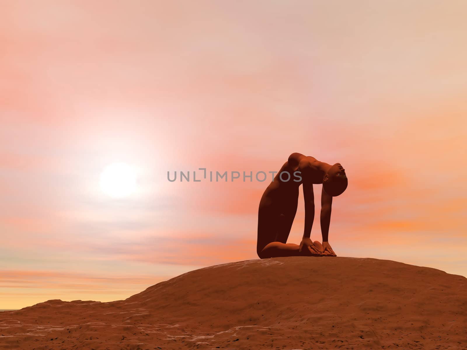 Young woman doing camel pose, ustrasana, while practicing yoga outside in front of sunset