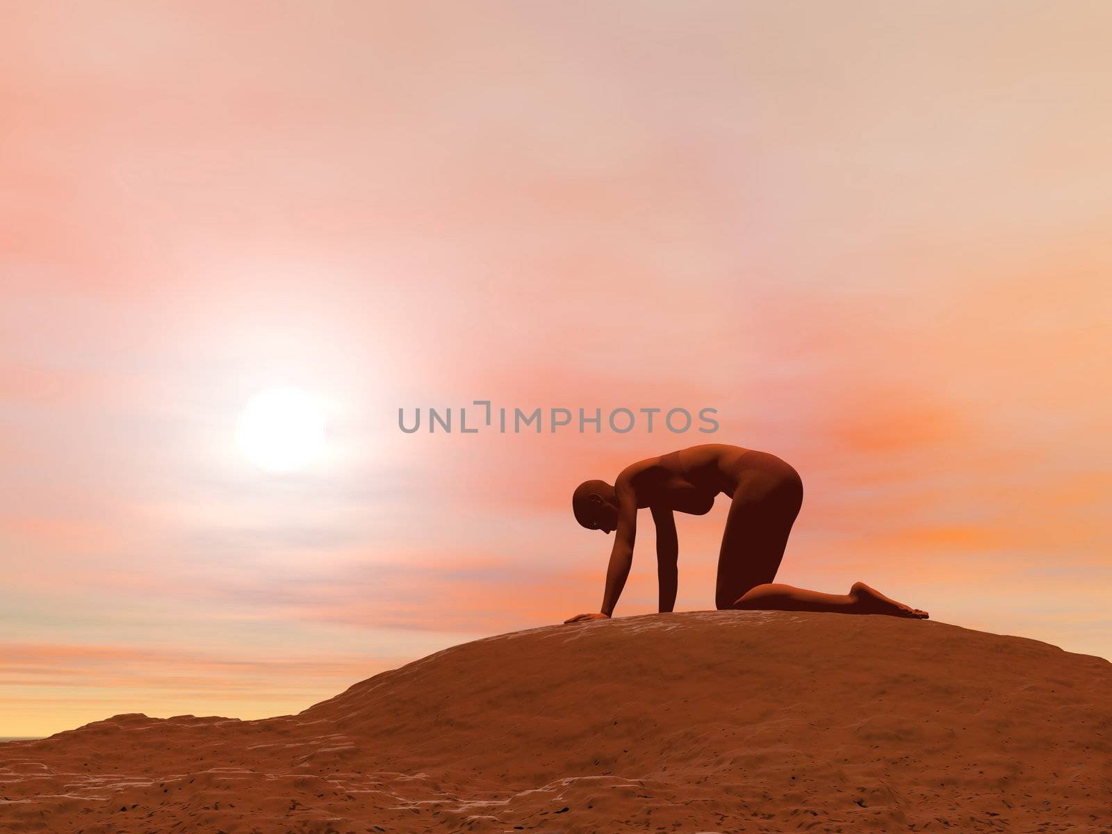 Young woman doing cat pose, viralasana, while practicing yoga outside in front of sunset