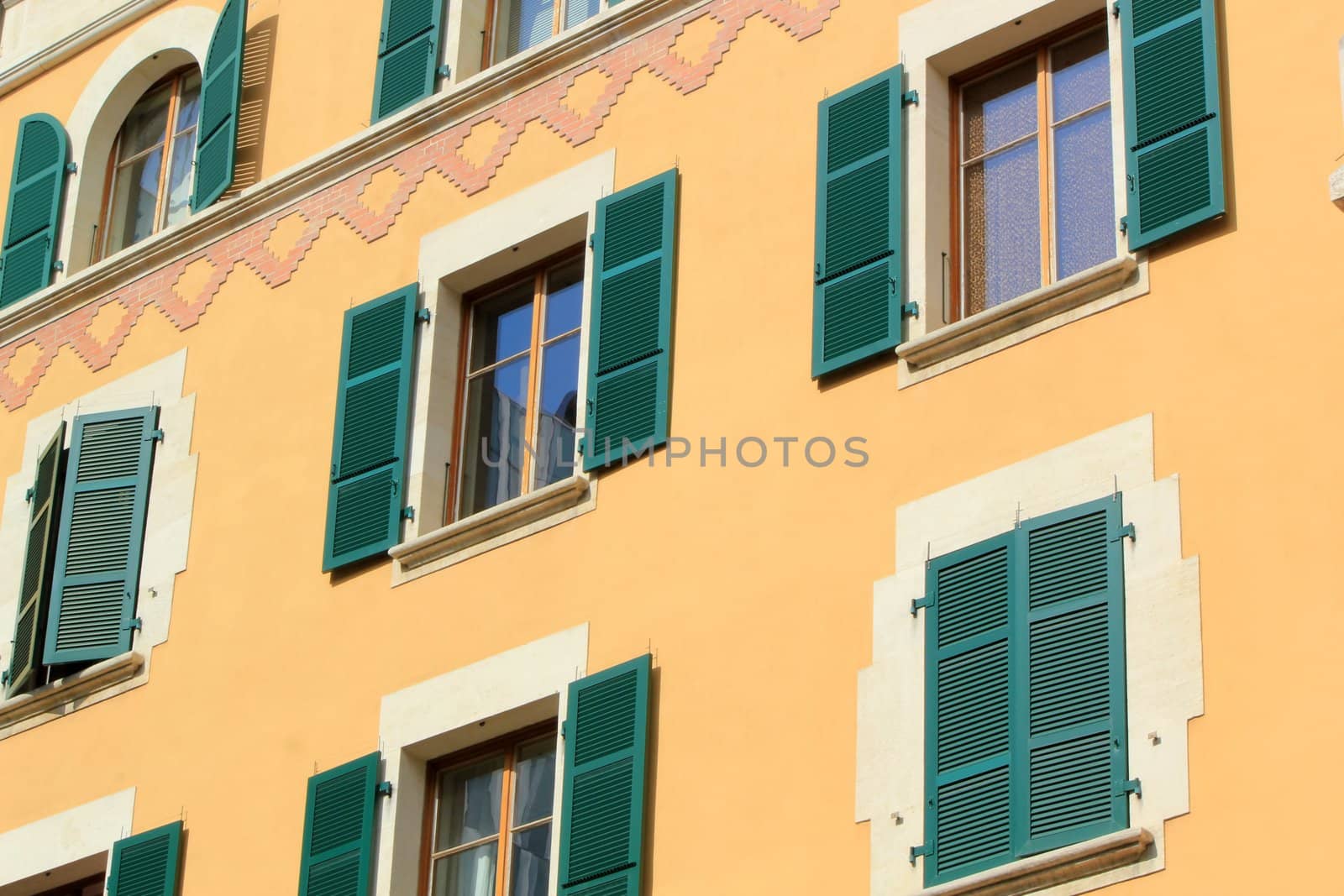 Close up of the facade of a building by summer, Geneva, Switzerland