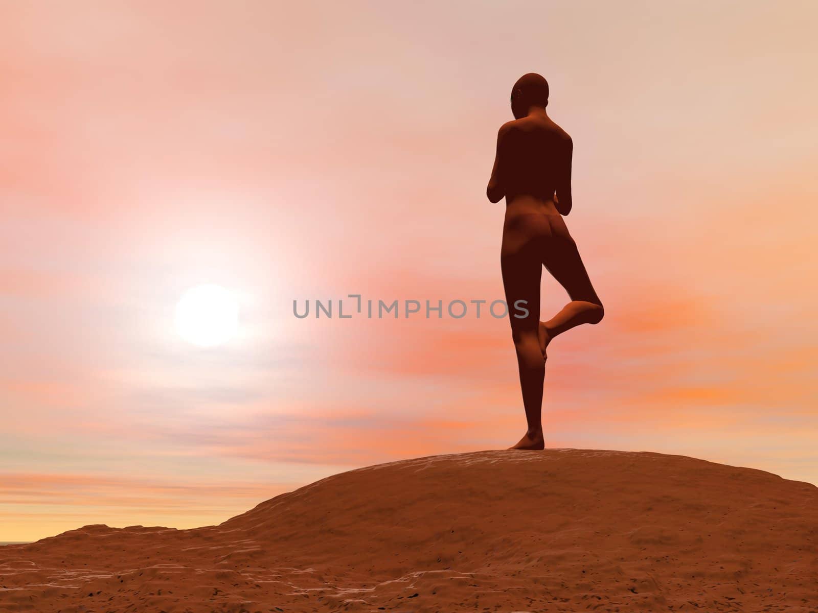 Young woman doing tree pose, vrikshasana while practicing yoga outside in front of sunset