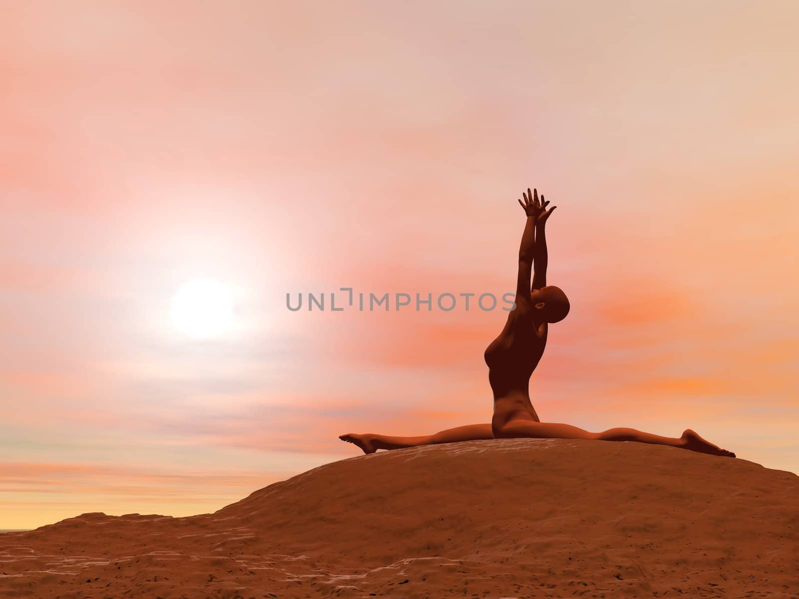 Young woman doing monkey pose, hanumanasana while practicing yoga outside in front of sunset