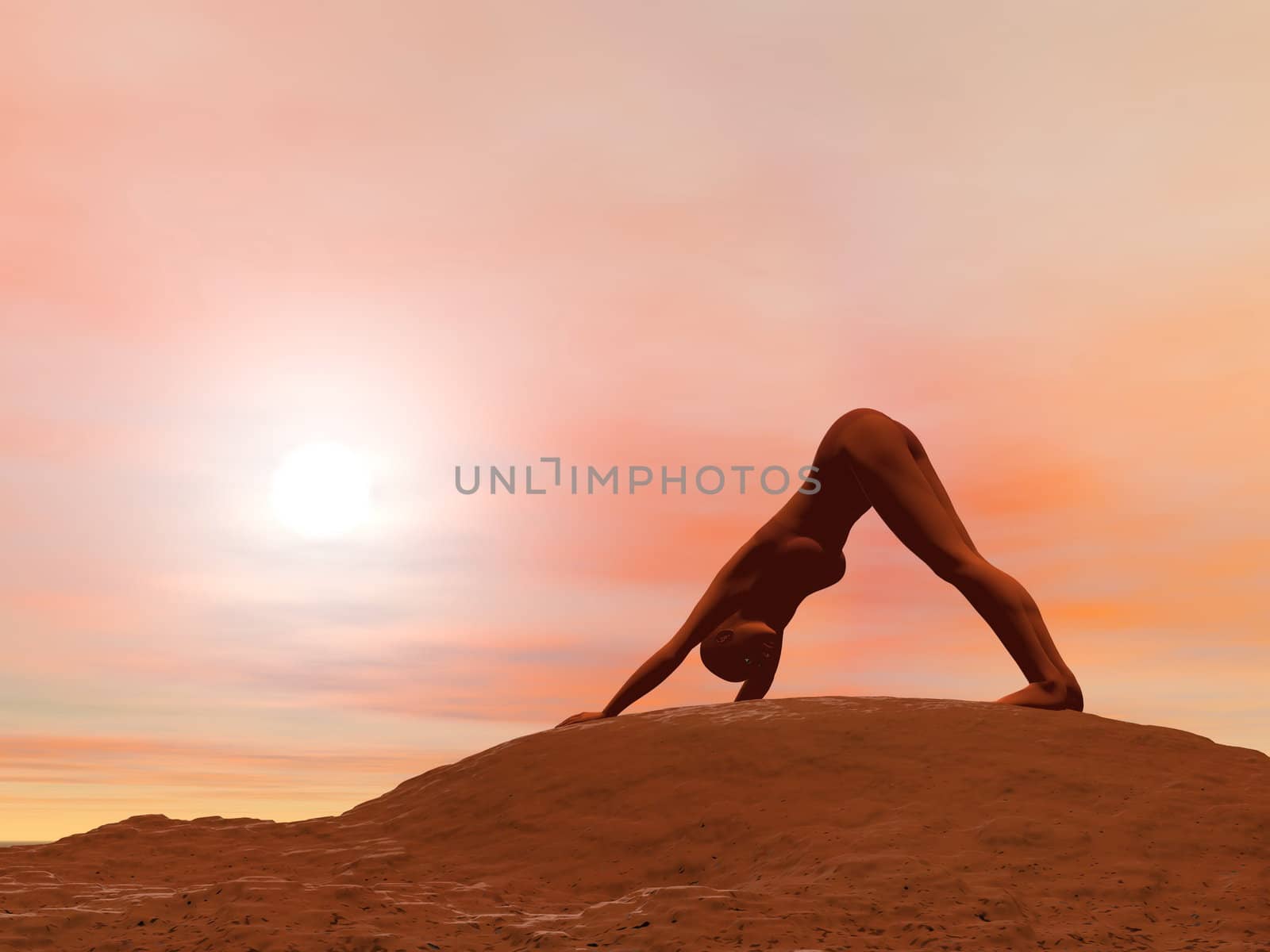 Young woman doing downward facing dog pose, adho mukha svanasana while practicing yoga outside in front of sunset