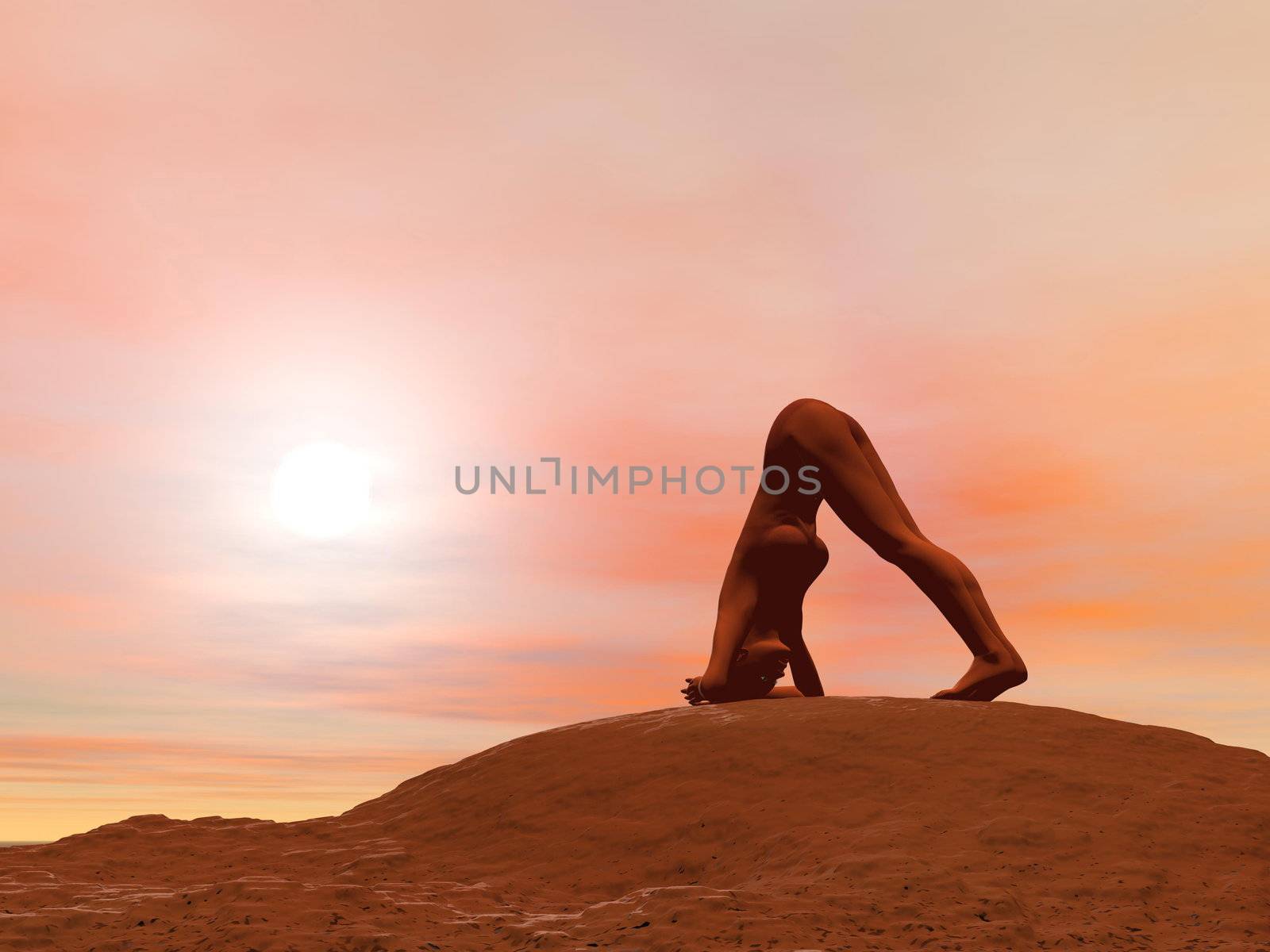 Young woman doing dolphin pose, makarasana while practicing yoga outside in front of sunset