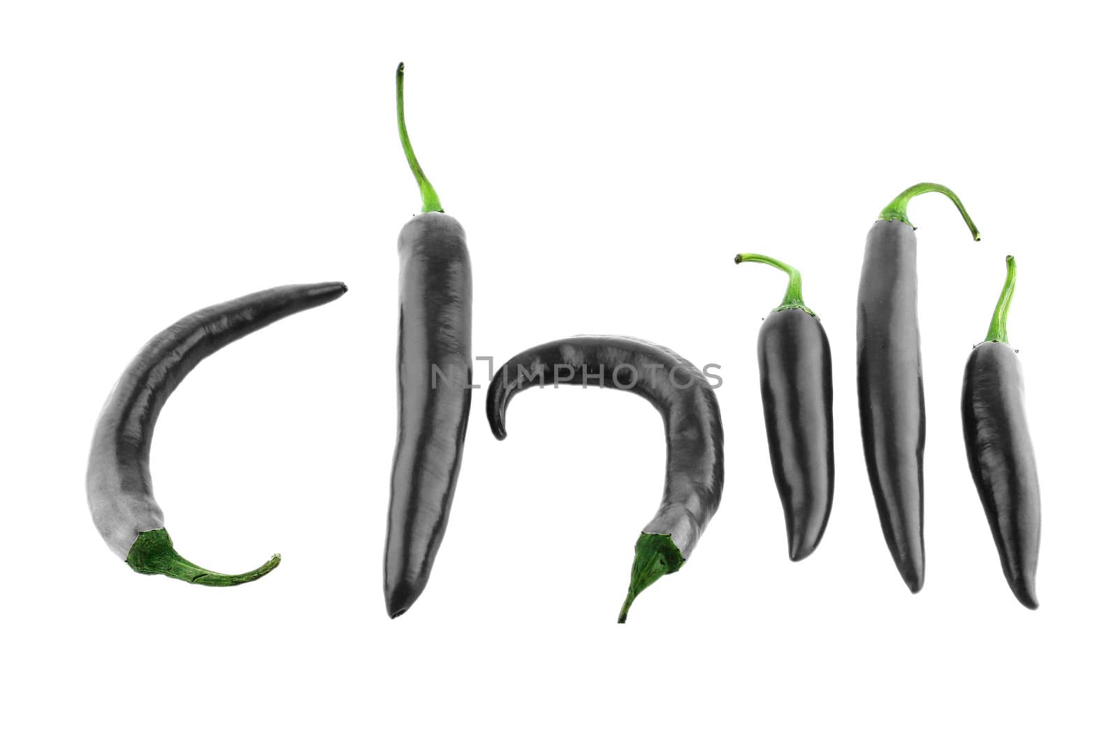 chili word made from Gray hot chili pepper on white background with a clipping path