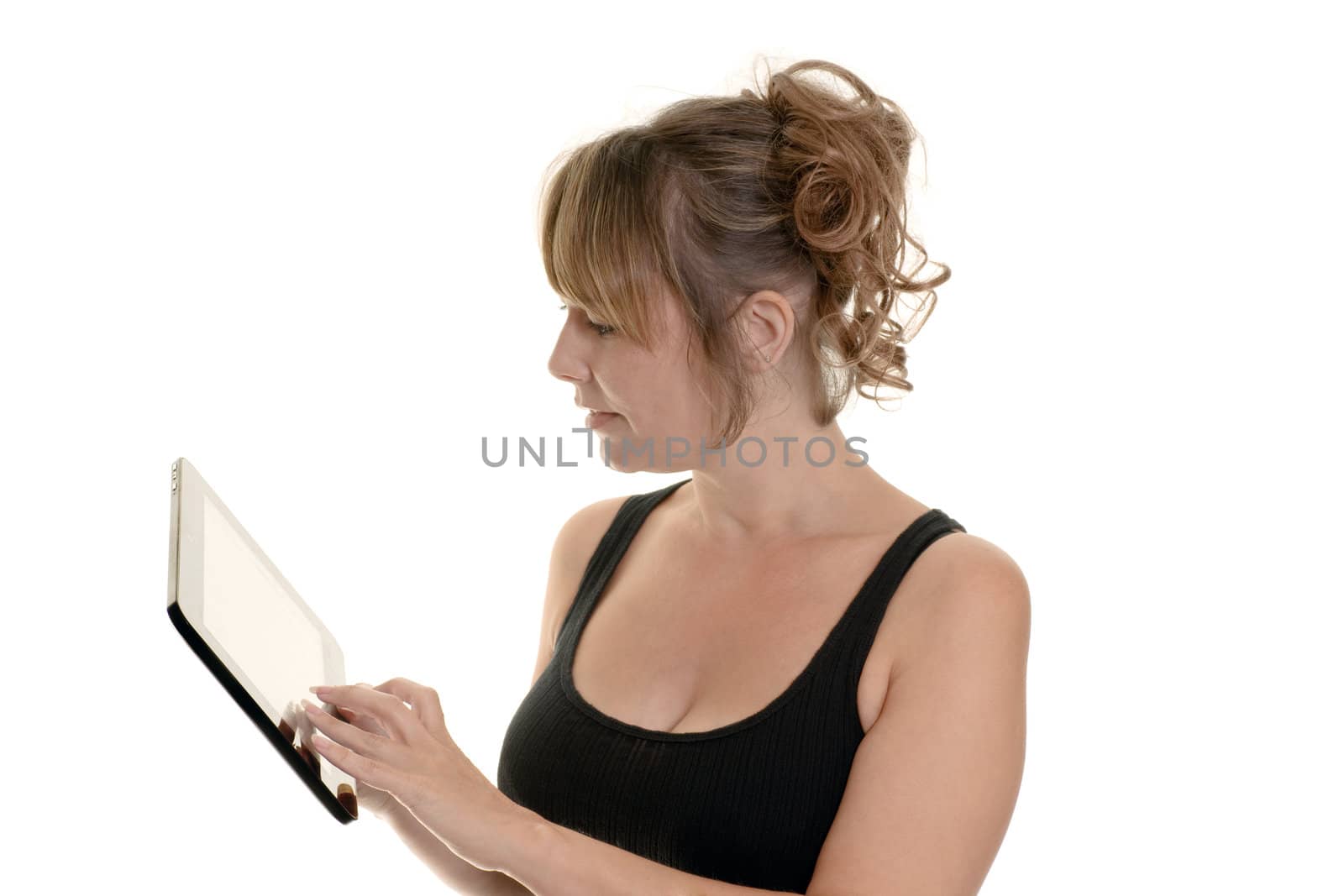 woman using a touchscreen pc isolated on white