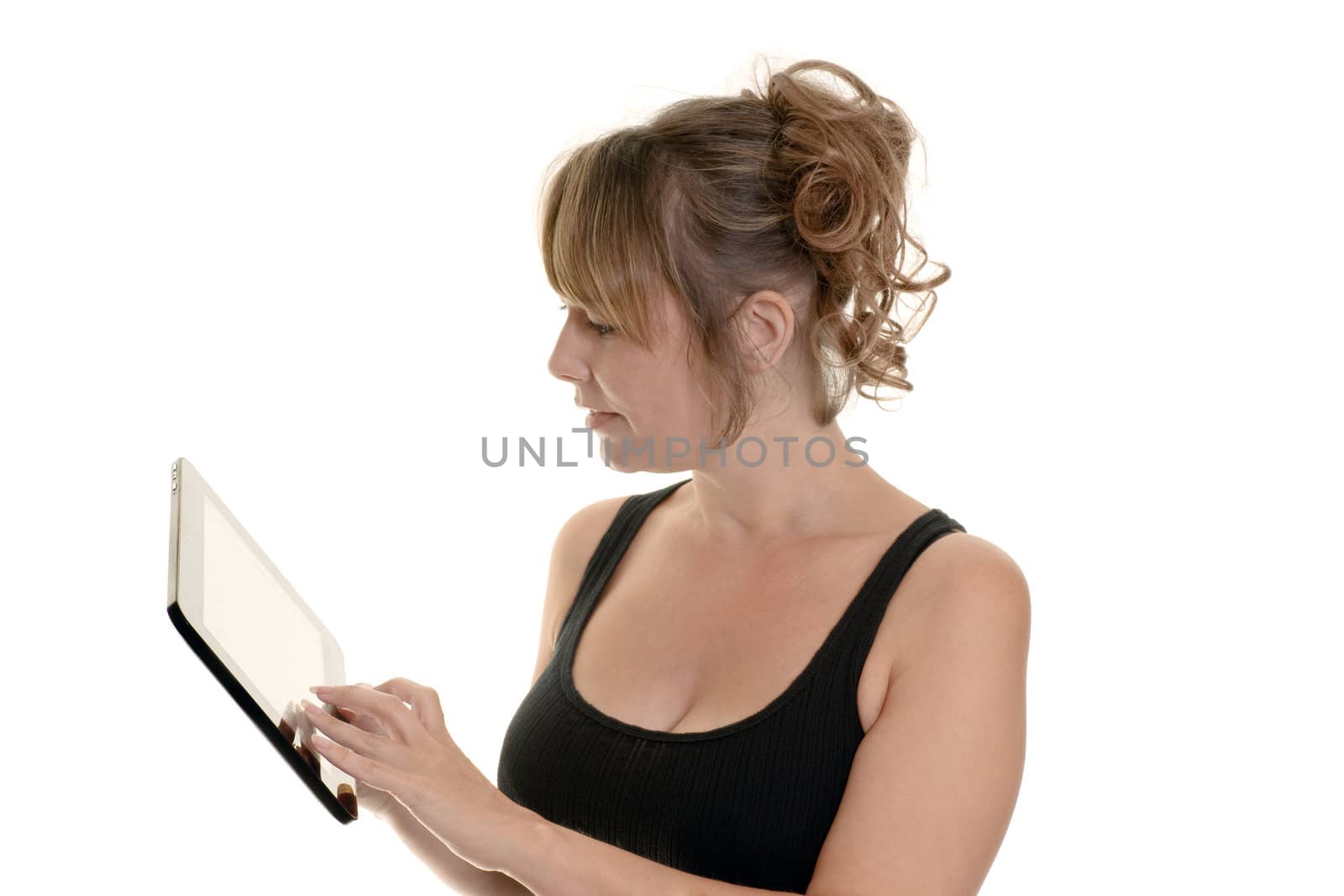 woman using a touchscreen pc isolated on white