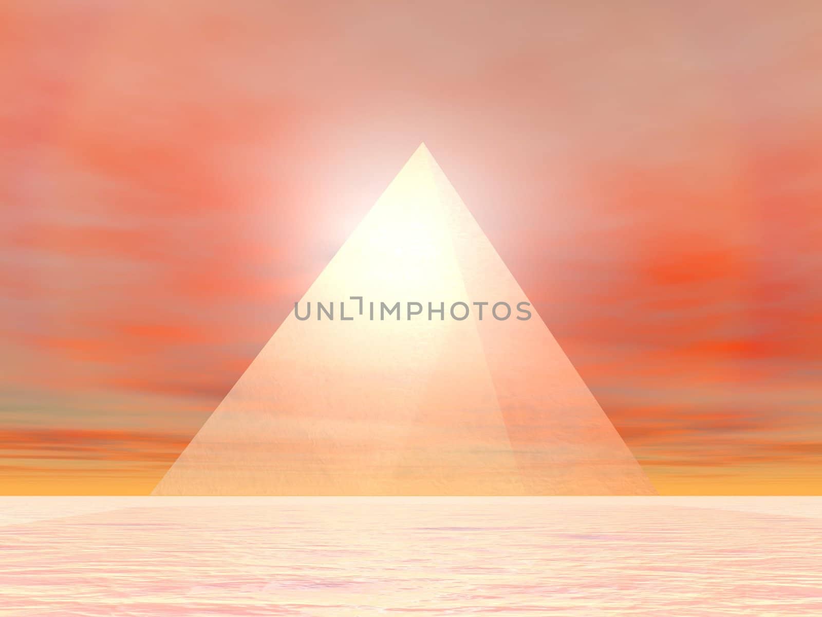 Transparent pyramid made of glass in front of sunset