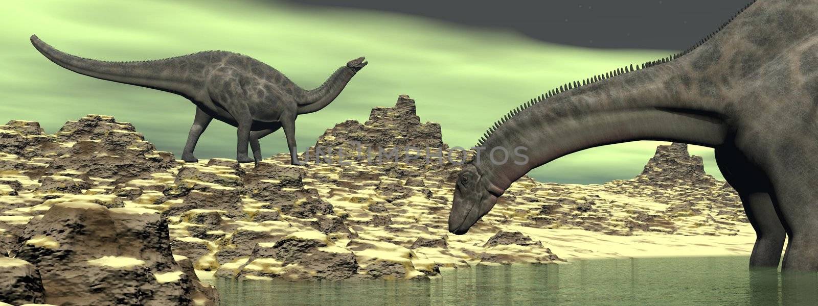 Two dicraeosaurus dinosaurs in a green desert landscape