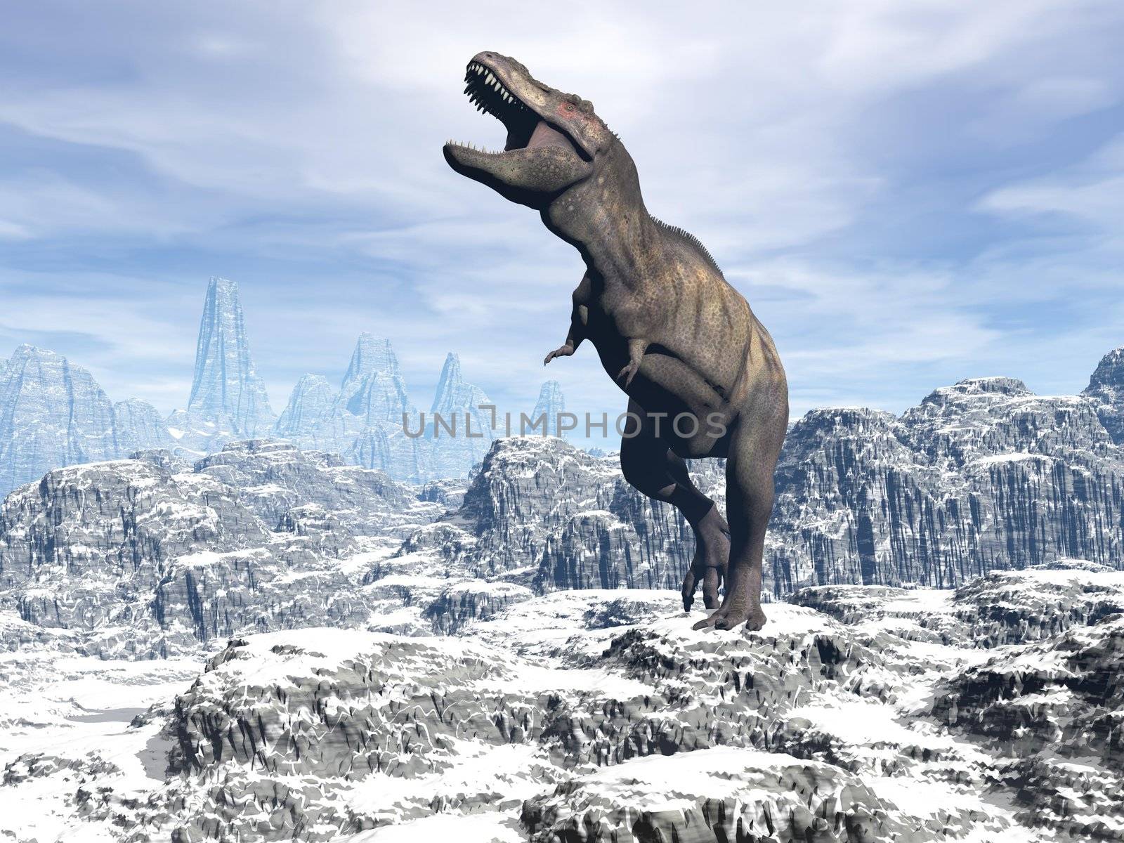 Tyrannosaurus dinosaur walking and shoutinf in snowy landscape