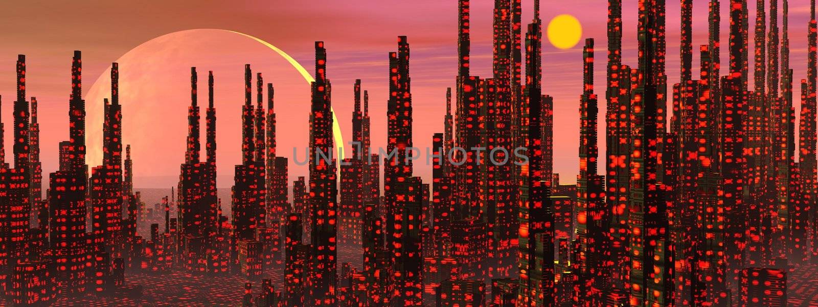 Futuristic buildings in a fantasy city and strange planets