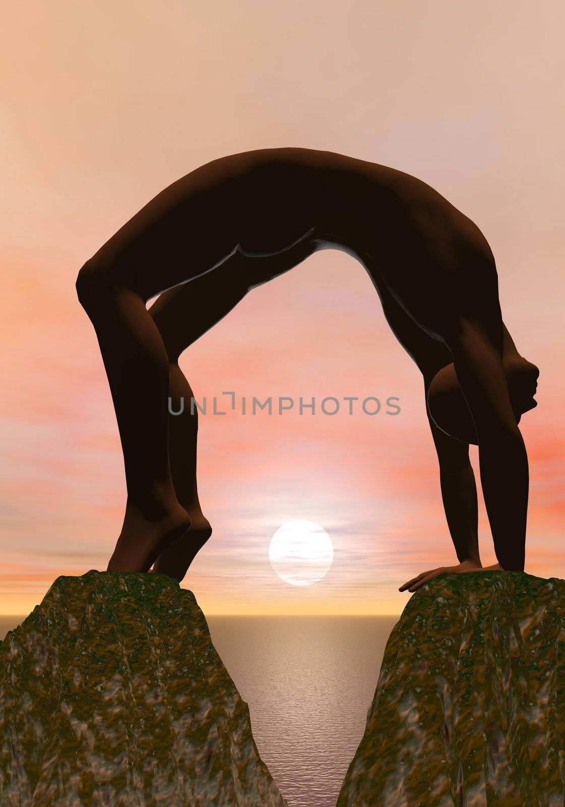 Bridge yoga posture beween two rocks by sunset