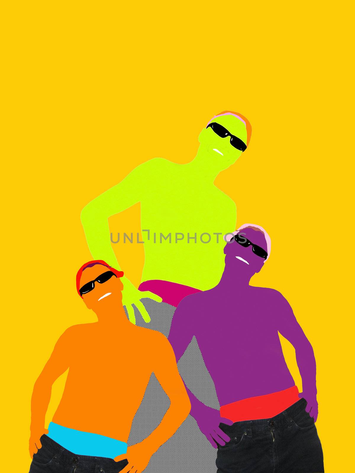 three boys on the beach, bright colors