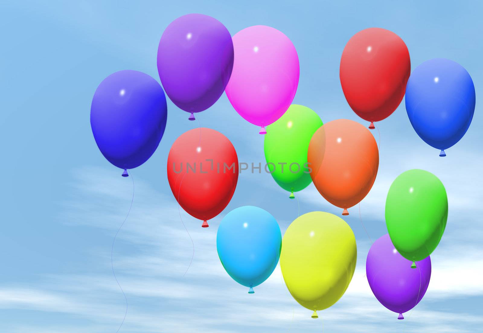 Coloured balloons floating in a blue sky