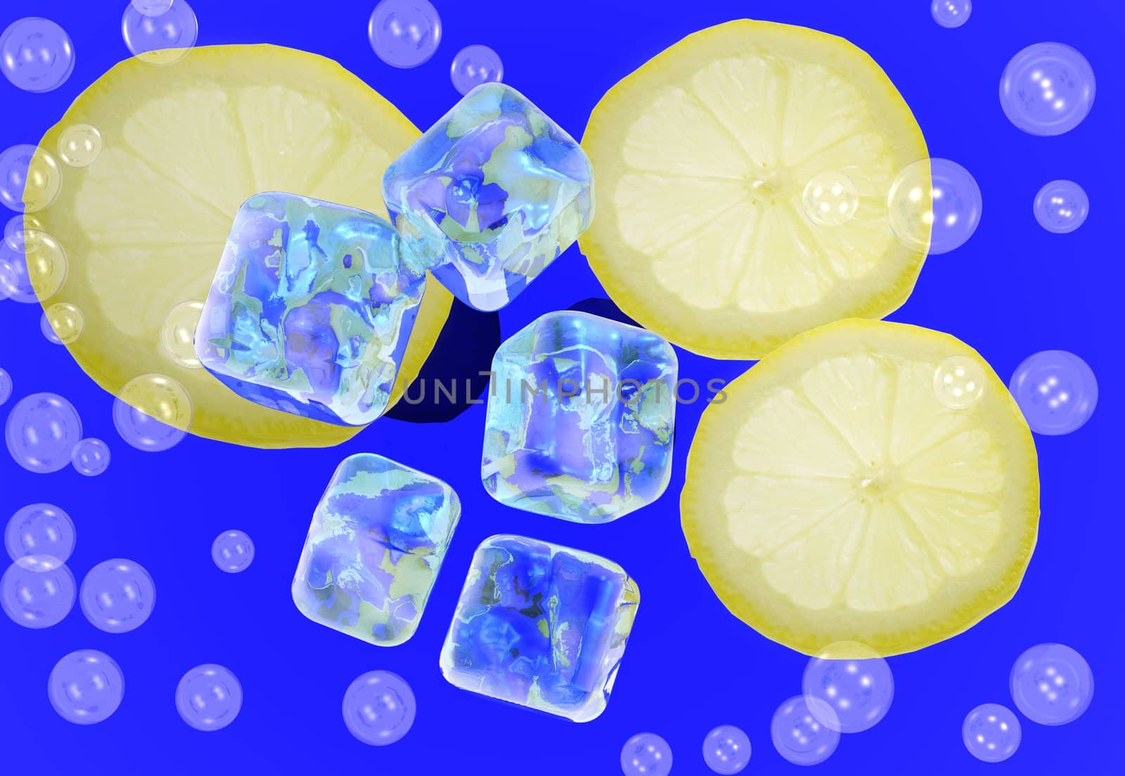 Ice cube and lemon slices in a drink with bubbles