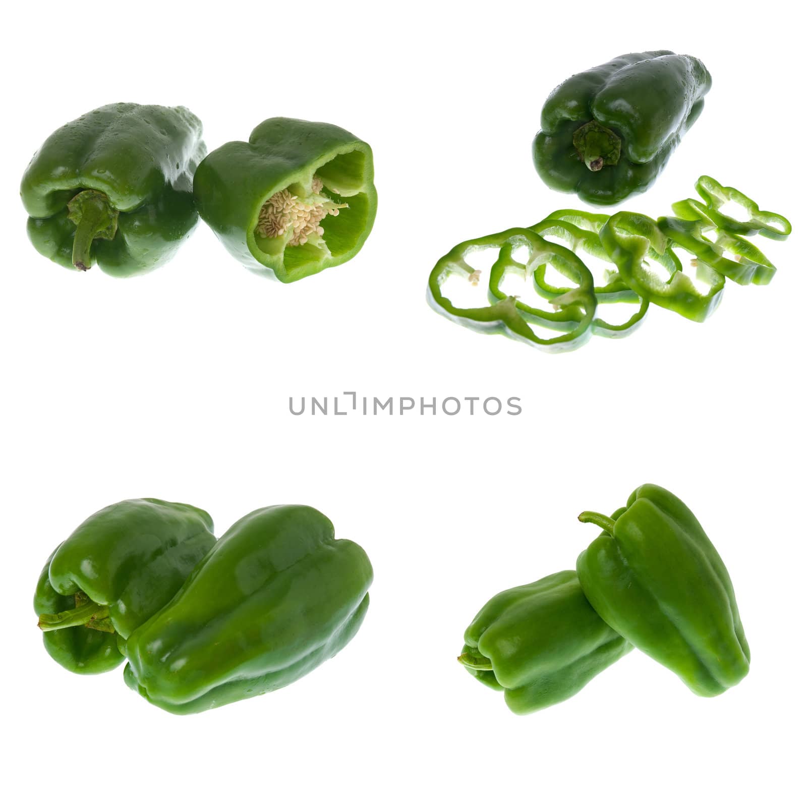 Set of green peppers on white background close up isolated on white background.