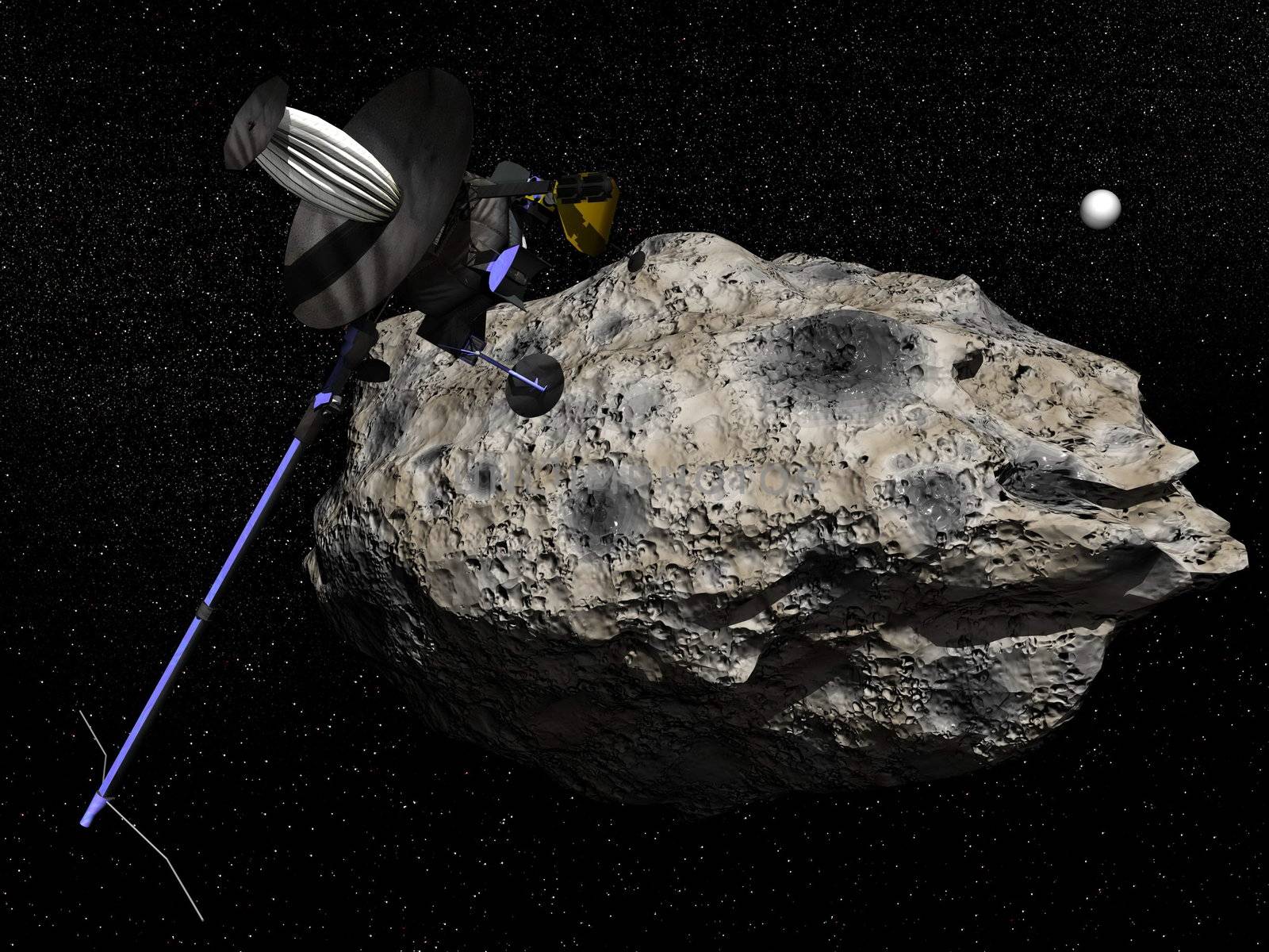 Galileo spacecraft discovering Dactyl orbiting the asteroid Ida in the universe in 1995. It was the first time a moon was discovered orbiting an astero�d - Elements of this image furnished by NASA